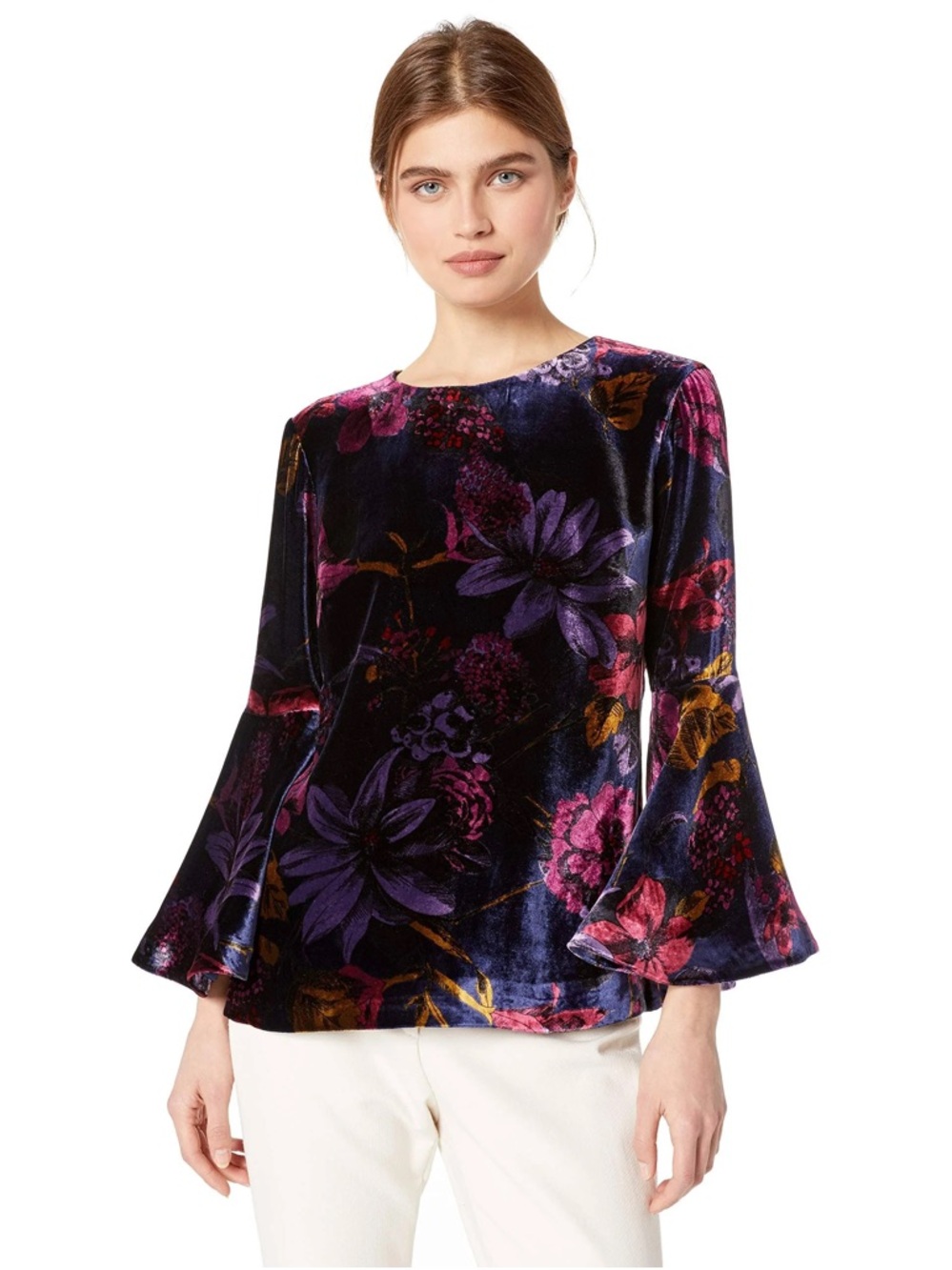 Trina Turk Velvet Floral Bell-Sleeve Top in Purple/Pink Floral